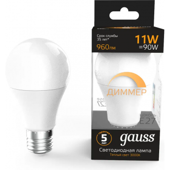 Лампа GAUSS A60 11W 960lm 3000К E27 диммируемая LED