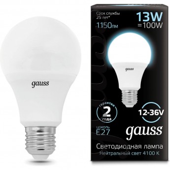 Лампа GAUSS A60 AC12-36V 13W 4100K E27 LED 1/10/100