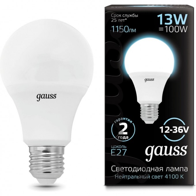 Лампа GAUSS A60 AC12-36V 13W 4100K E27 LED 1/10/100 202502213