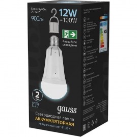 Лампа GAUSS A80 12W 900lm 4100K Е27 авар. с Li-Ion аккумулятором LED