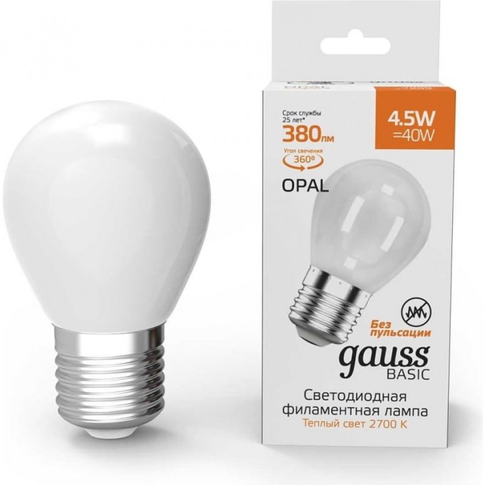 Лампа GAUSS BASIC FILAMENT Шар 4,5W 380LM 2700К Е27 MILKY LED 1/10/50 1055215