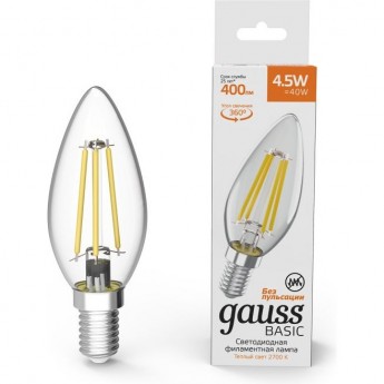 Лампа GAUSS BASIC FILAMENT Свеча 4,5W 400LM 2700К Е14 LED 1/10/50