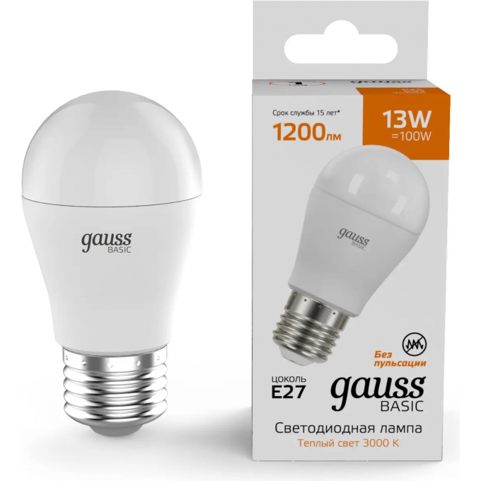 Лампа GAUSS BASIC ШАР 13W 1200lm 3000K E27 LED 1/10/100 10502132