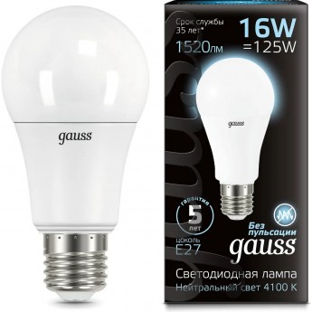 Лампа GAUSS BLACK A60 16W 1520lm 4100K E27 LED 1/10/50