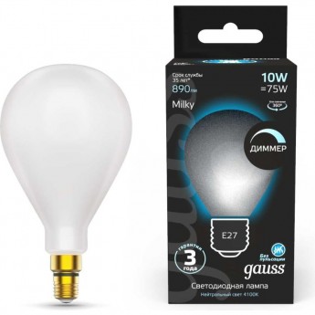 Лампа GAUSS BLACK FILAMENT А160 10W 890LM 4100К Е27 MILKY диммируемая LED 1/6