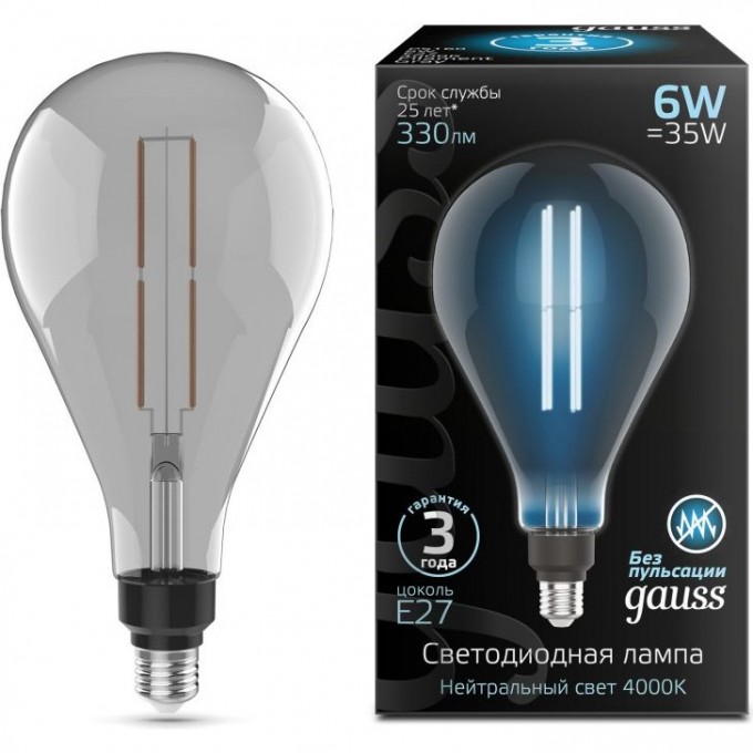 Лампа GAUSS BLACK FILAMENT PS160 6W 330LM 4000К Е27 GRAY STRAIGHT LED 1/6 179802205