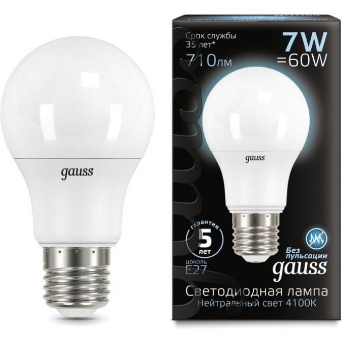 Лампа GAUSS BLACK LED A60 E27 7W 4100K 102502207