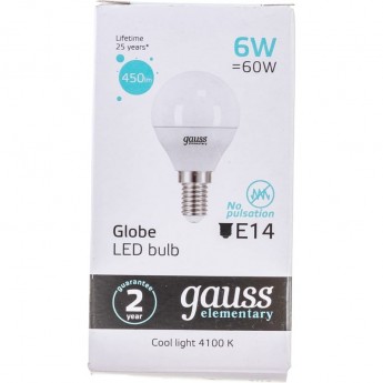 Лампа GAUSS ELEMENTARY Шар 6W 450lm 4100K Е14 LED