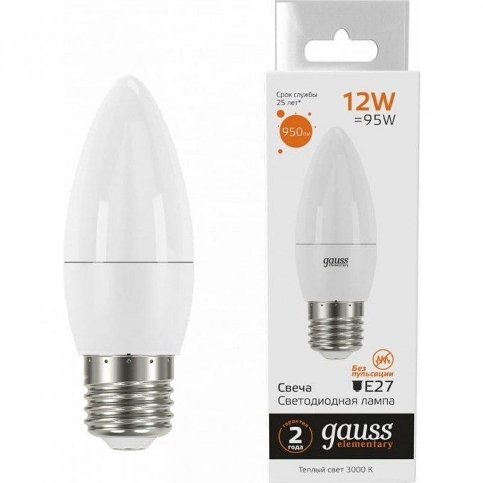 Лампа GAUSS ELEMENTARY Свеча 12W 950lm 3000K E27 LED 30212