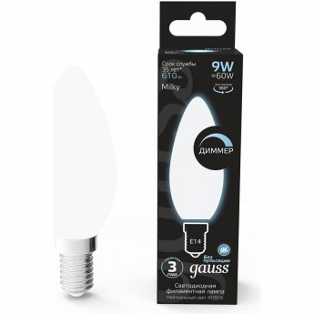 Лампа GAUSS FILAMENT 9W 4100К Е14 LED 1/10/50 свеча milky