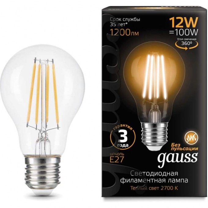 Лампа GAUSS FILAMENT А60 12W 1200lm 2700К Е27 LED 102902112