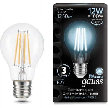 Лампа GAUSS FILAMENT А60 12W 4100К Е27 LED 1/10/40