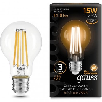 Лампа GAUSS FILAMENT А60 15W 1400lm 2700К Е27 LED