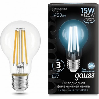 Лампа GAUSS FILAMENT А60 15W 4100К Е27 LED 1/10/40