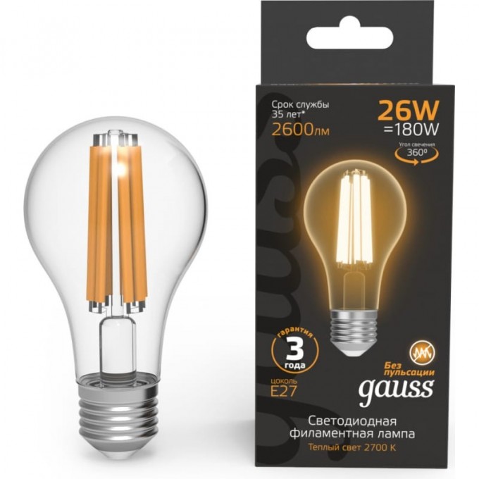 Лампа GAUSS FILAMENT А70 26W 2600lm 2700К Е27 LED 102902126