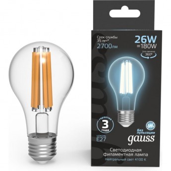 Лампа GAUSS FILAMENT А70 26W 2700lm 4100К Е27 LED