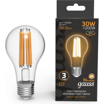 Лампа GAUSS FILAMENT А70 30W 3000lm 2700К Е27 LED