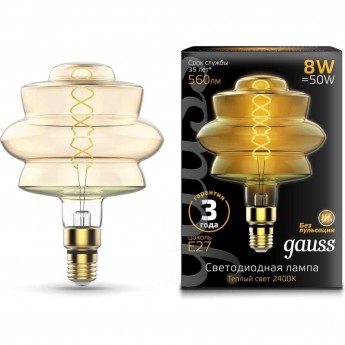 Лампа GAUSS FILAMENT BD180 8W 560lm 2400К Е27 golden flexible LED