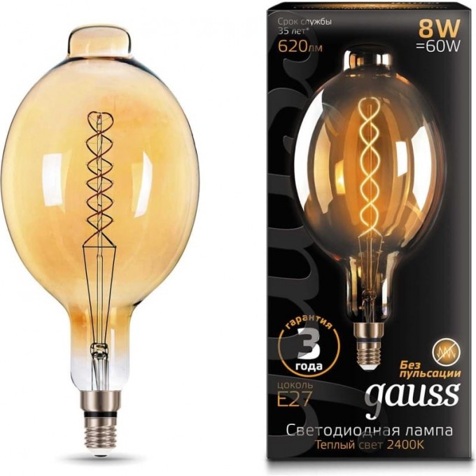 Лампа GAUSS FILAMENT BT180 8W 620lm 2400К Е27 golden flexible LED 152802008