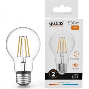 Лампа GAUSS FILAMENT ELEMENTARY А60 7W 530lm 2700К Е27 LED 1/10/50