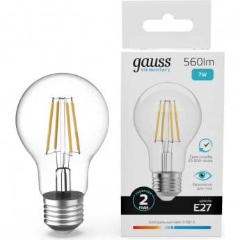 Лампа GAUSS FILAMENT ELEMENTARY А60 7W 560lm 4100К Е27 LED 1/10/50