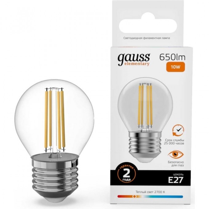 Лампа GAUSS FILAMENT ELEMENTARY Шар 10W 650lm 2700К Е27 LED 1/10/100 52210