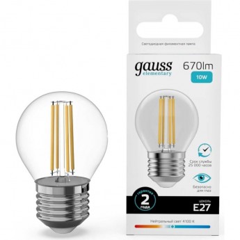 Лампа GAUSS FILAMENT ELEMENTARY Шар 10W 670lm 4100К Е27 LED 1/10/100