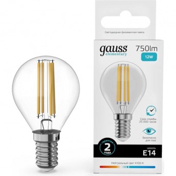 Лампа GAUSS FILAMENT ELEMENTARY Шар 12W 750lm 4100К Е14 LED 1/10/100