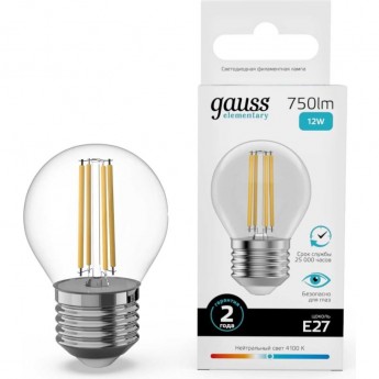 Лампа GAUSS FILAMENT ELEMENTARY Шар 12W 750lm 4100К Е27 LED 1/10/100