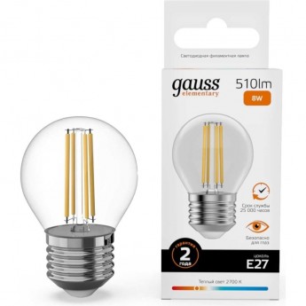 Лампа GAUSS FILAMENT ELEMENTARY Шар 8W 510lm 2700К Е27 LED 1/10/100