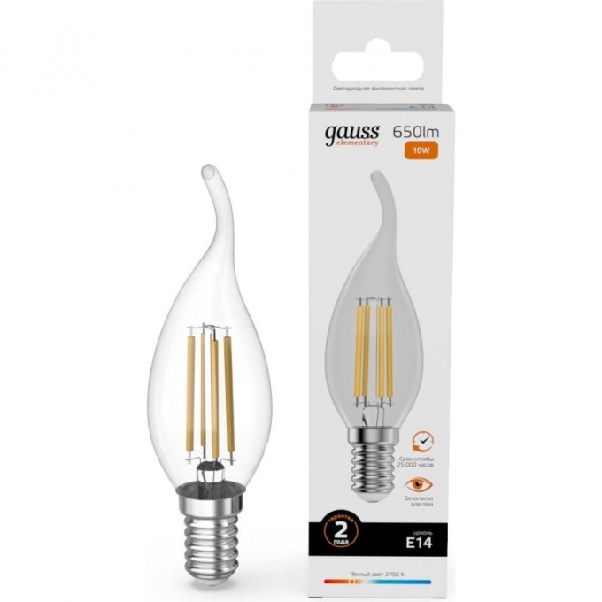 Лампа GAUSS FILAMENT ELEMENTARY Свеча на ветру 10W 650lm 2700К Е14 LED 1/10/100 42110