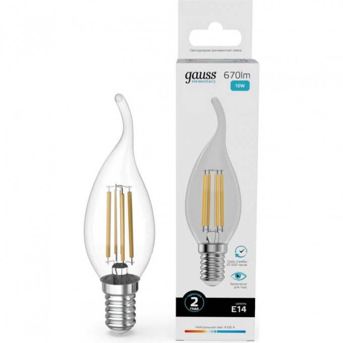 Лампа GAUSS FILAMENT ELEMENTARY Свеча на ветру 10W 670lm 4100К Е14 LED 1/10/100 42120