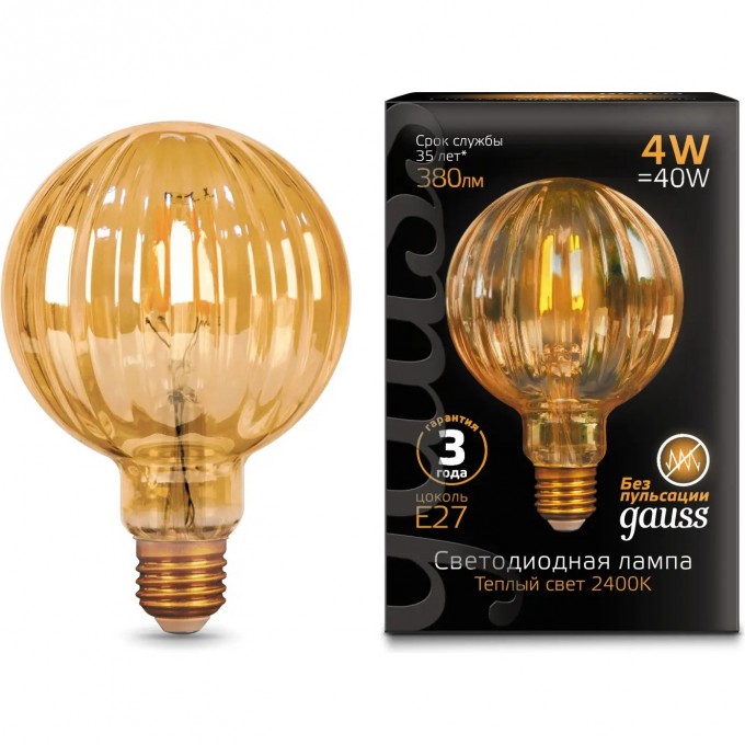 Лампа GAUSS FILAMENT G100 4W 380lm 2400К Е27 golden Baloon LED 147802004