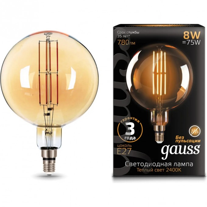 Лампа GAUSS FILAMENT G200 8W 780lm 2400К Е27 golden LED 153802008