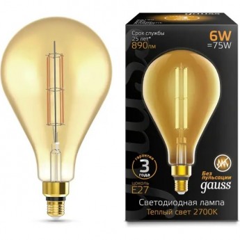 Лампа GAUSS FILAMENT PS160 6W 890lm 2700К Е27 golden straight LED