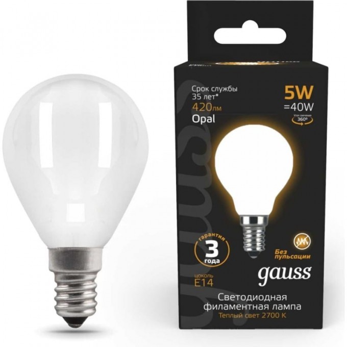 Лампа GAUSS FILAMENT Шар 5W 420lm 2700К Е14 LED 105801105