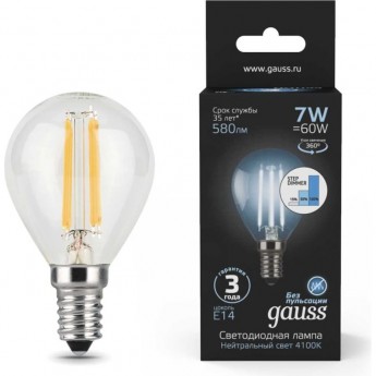 Лампа GAUSS FILAMENT Шар 7W 580lm 4100К Е14 шаг. диммирование LED