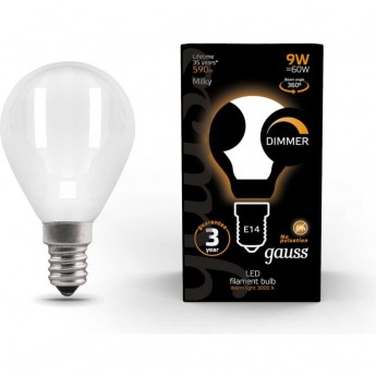 Лампа GAUSS FILAMENT Шар 9W 590lm 3000К Е14 milky диммируемая LED