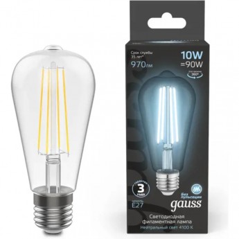 Лампа GAUSS FILAMENT ST64 10W 4100К Е27 LED 1/10/40