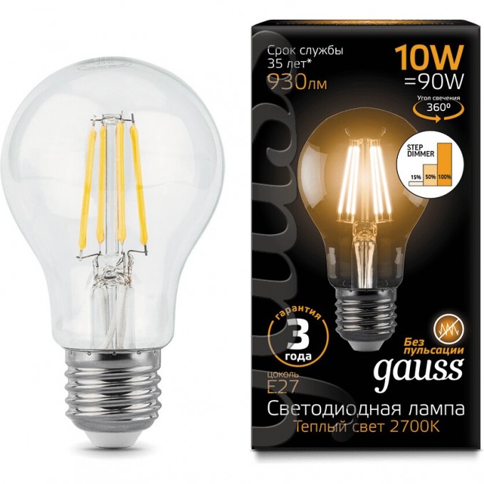 Лампа GAUSS LED BLACK FILAMENT A60 E27 10W 2700К STEP DIMMABLE 102802110-S