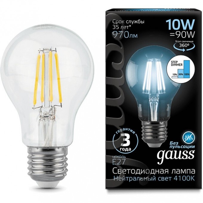 Лампа GAUSS LED BLACK FILAMENT A60 E27 10W 4100К STEP DIMMABLE 102802210-S