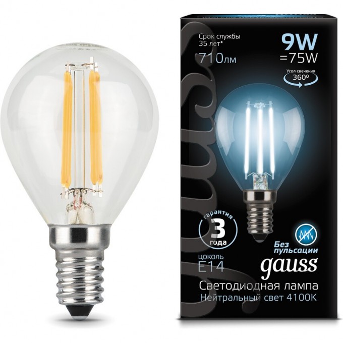 Лампа GAUSS LED BLACK FILAMENT GLOBE E14 9W 4100K 105801209