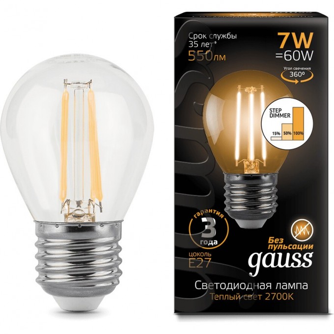 Лампа GAUSS LED BLACK FILAMENT GLOBE E27 7W 2700K STEP DIMMABLE 105802107-S