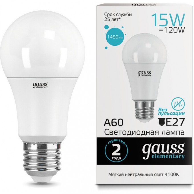 Лампа GAUSS LED ELEMENTARY A60 15W E27 4100K 23225