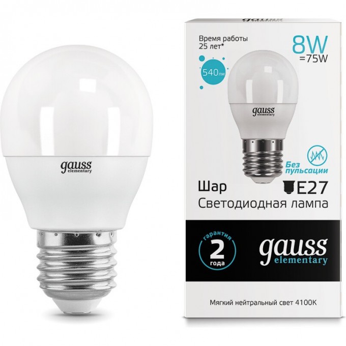 Лампа GAUSS LED ELEMENTARY GLOBE 8W E27 4100K 53228