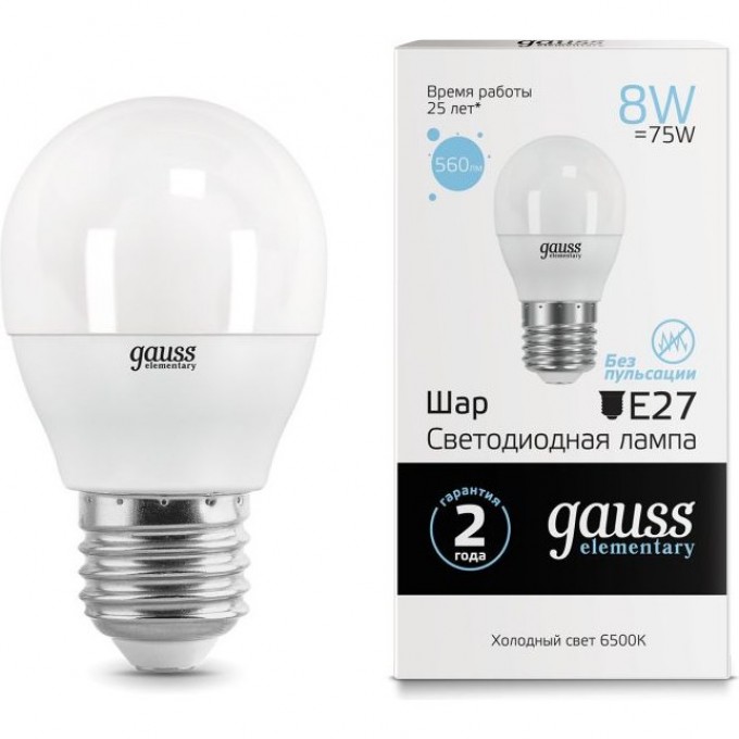 Лампа GAUSS LED ELEMENTARY GLOBE 8W E27 6500K 53238