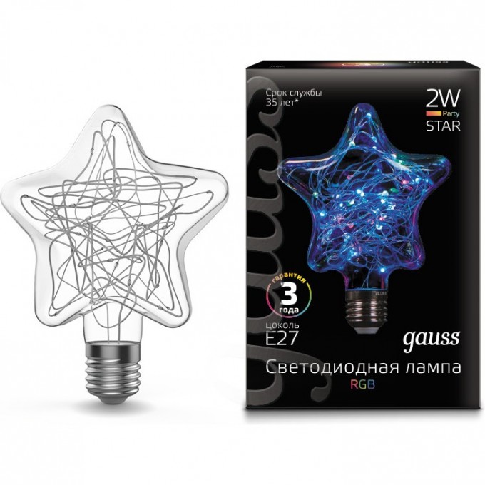 Лампа GAUSS LED VINTAGE BLACK FILAMENT STAR 2W E27 RGB 1/5/40 160802008