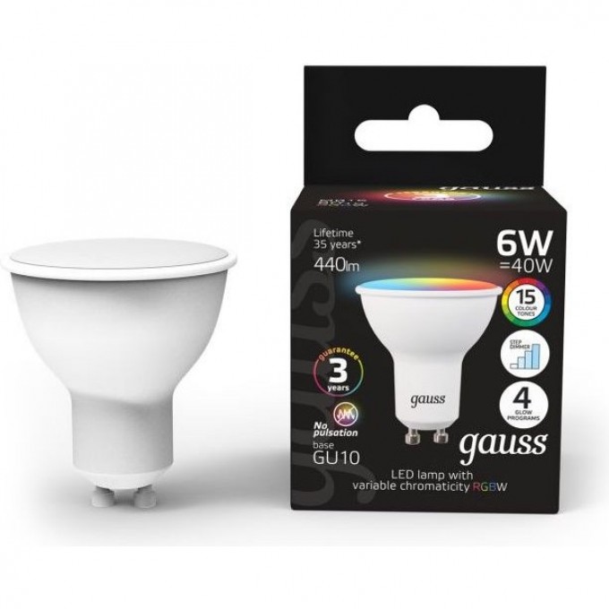 Лампа GAUSS MR16 6W GU10 RGBW LED 1/100 с димированием 101106406