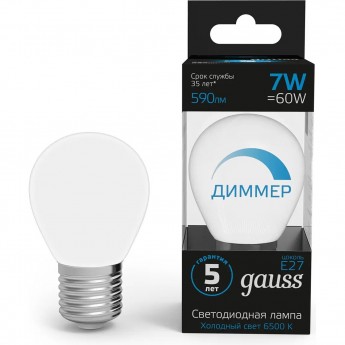 Лампа GAUSS Шар 7W 590lm 6500К E27 диммируемая LED