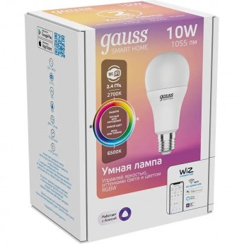 Лампа GAUSS SMART HOME A60 10W 1055lm 2700-6500К E27 RGBW+изм.цвет.темп.+диммирование LED